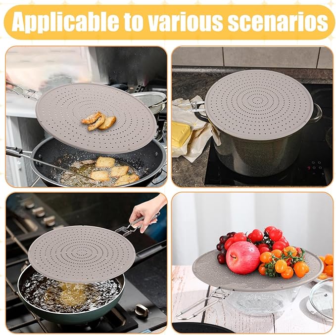 Tioncy 3 Pcs Silicone Splatter Screen for Frying Pan Grease Oil Splatter Collapsible Splash Guard Heat Resistant Multi Use for Baking and Cooking(Gray) - Image 2