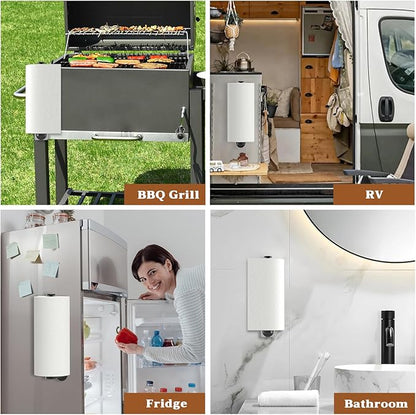 Swaitee Magnetic Paper Towel Holder for Fridge, Under Cabinet Paper Towel Holder Wall Mount, Self Adhesive No Drill, One Hand Tear Ratchet, Fits Jumbo Rolls, Black for Kitchen RV Garage