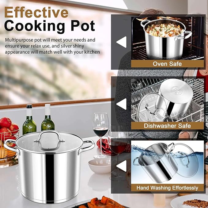 P&P CHEF 10 QT Stock Pot with Lid, Stainless Steel Large Cooking Pot, Soup Canning Stockpot for Stewing Simmering, Tri-ply Bottom for All Stoves, Heavy-Duty &Dishwasher Safe & Food-Grade - Image 6