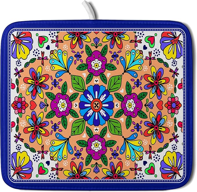 Mexican Talavera Dish Drying Mat Navy Blue Microfiber Dish Drain Pad for Kitchen Decor by Giwawa