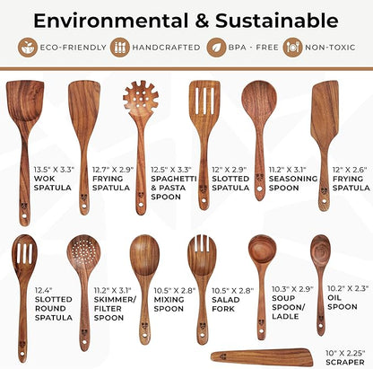 Wooden Spoons for Cooking – 13 Pcs Premium Teak Wooden Utensil Set - Durable, Safe for Nonstick Cookware, Easy to Clean & Heat Resistant Kitchen Utensils Set Wood with Ergonomic Handles - Image 4