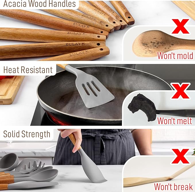 Zulay Kitchen Utensils Set Non-Stick Silicone Cooking Utensils Set with Authentic Acacia Wood Handles - 8 Piece Set - Silicone Kitchen Utensils Set with 464°F Heat Resistance - Gray - Image 2