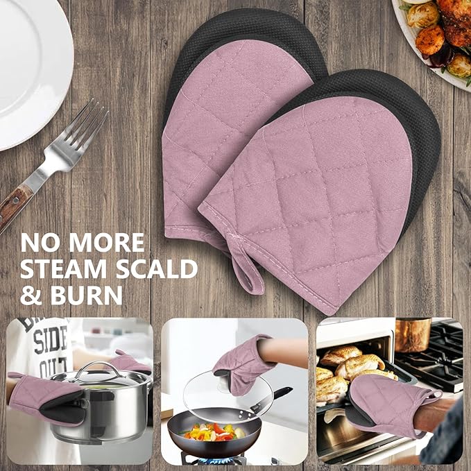 1 Pair Short Oven Mitts - Silicone Kitchen Oven Gloves High Heat Resistant 500℉, Mini Oven Mits with Non-Slip Grip Surfaces and Hanging Loop for BBQ, Baking, Cooking and Grilling (Pink) - Image 7