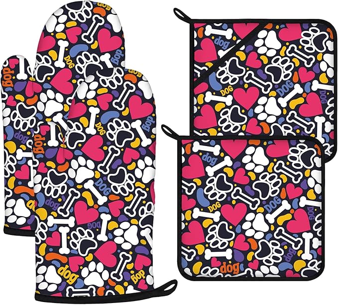Paw Prints Oven Mitts and Pot Holders Sets 4Pcs,Extra Long Oven Gloves Potholder for Kitchen Cooking Baking BBQ 100% Cotton Heat Resistant by VisittheDuibelproduct