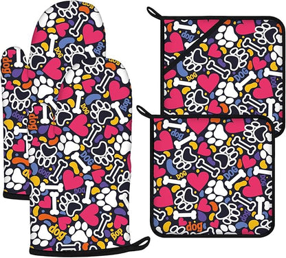 Paw Prints Oven Mitts and Pot Holders Sets 4Pcs,Extra Long Oven Gloves Potholder for Kitchen Cooking Baking BBQ 100% Cotton Heat Resistant by VisittheDuibelproduct