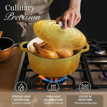 Nuovva Enamelled Cast Iron Dutch Oven Pot with Lid 6.4 Quart Non Stick Casserole Pot – Heavy Duty & Oven Safe up to 500° F for Bread Baking, Braising, Stews, Roasting – 28cm Yellow - Image 7