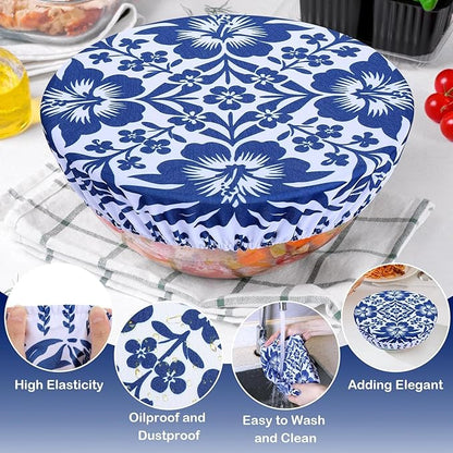 5 Pieces Bowl Covers Reusable, 5 Size Elastic Cloth Bowl Covers for Bread Proofing Stretch Food Covers Washable for Food Fruits Leftover (Blue Coconut Tree) - Image 4