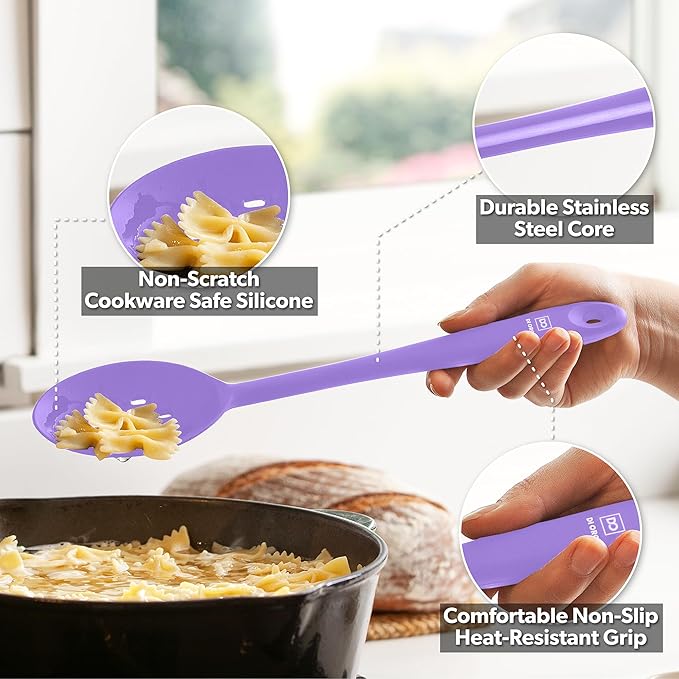 DI ORO Silicone Spoons for Cooking - Large Kitchen Spoons for Mixing, Serving & Stirring - 600°F Heat-Resistant Non Stick Utensils – Big Solid & Slotted Basting Spoon - Dishwasher Safe (2pc, Lavender) - Image 3