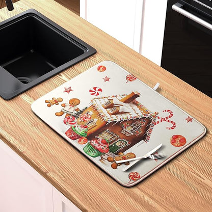 Christmas Dish Drying Mat for Kitchen Counter 16x18 Gingerbread House Man Candy Canes Cookie Cake Drying Mat for Dishes Xmas Winter Holiday Microfiber Drying Pad Dish Drying Pad for Coffee Bar Sink - Image 6