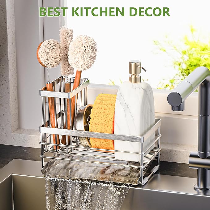 Cisily Sink Caddy Sponge Holder for Kitchen with Brush Holder and Stainless Steel Self Drain Tray, Rustproof Kitchen Sink Organizer for Sponge, Soap Dispenser Storage Accessories (Stainless Steel) - Image 7