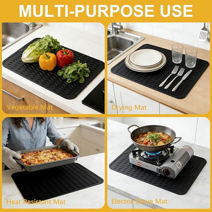 Silicone Dish Drying Mat for Kitchen Counter Eco-Friendly Fast Dry Dish Mat Easy Clean Multi Usage Drying Matt Heat Resistant Trivet Fits Under Rack, Black 12" x 16"