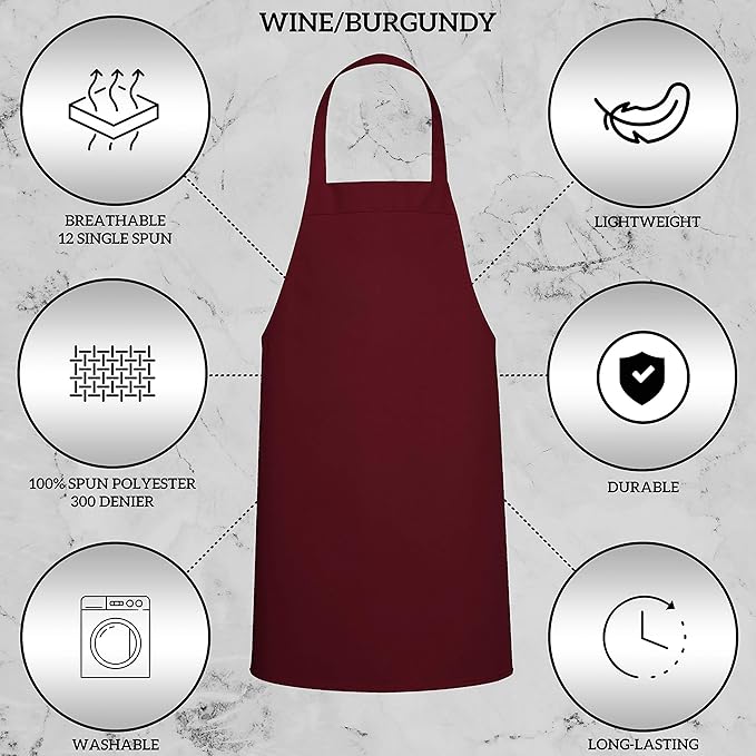 GREEN LIFESTYLE 12 Pack Professional Chef Apron – Grilling Aprons for Men, Waterproof Cooking Apron for BBQ, Work or Restaurant Use, Kitchen Aprons for Women – Burgundy, No Pockets - Image 4