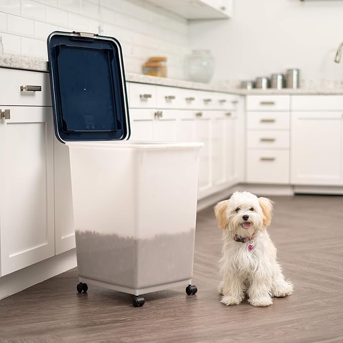 IRIS USA Dog Food Storage Container, Up to 54 Pounds, Attachable Wheels, For Dog Cat Bird and Other Pet Food Storage Bin, Keep Fresh, Easy Mobility - Made in USA, Navy/Pearl - Image 5