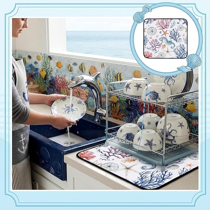 Breling Summer Dish Drying Mat Beach Kitchen Dry Mat 16 x 18 Inch Seahorse Blue Coral Table Dishes Pad Microfiber Absorbent Drying Reusable Washable Pad Kitchen Accessories for Home Decor