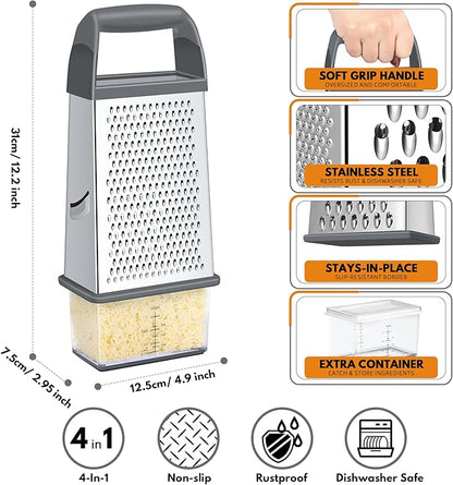 Urbanstrive Cheese Grater With Container, Professional Cheese Grater with Handle, Stainless Steel Graters for Kitchen Handheld, Box Grater with 4 Sides for Vegetables, Ginger, Potatoes (Grey) - Image 2