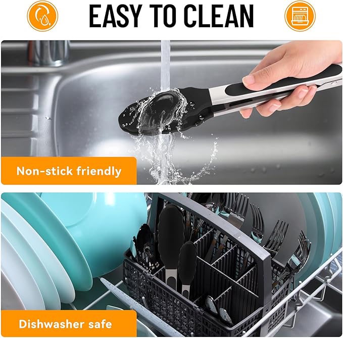 HOTEC Premium 7 & 9 Inch Kitchen Tongs, Stainless Steel Locking Cooking Tongs with Silicone Tips, Non-Scratch & Heat Resistant, Serving Tongs for Salad, BBQ, Black, Set of 2 - Image 7