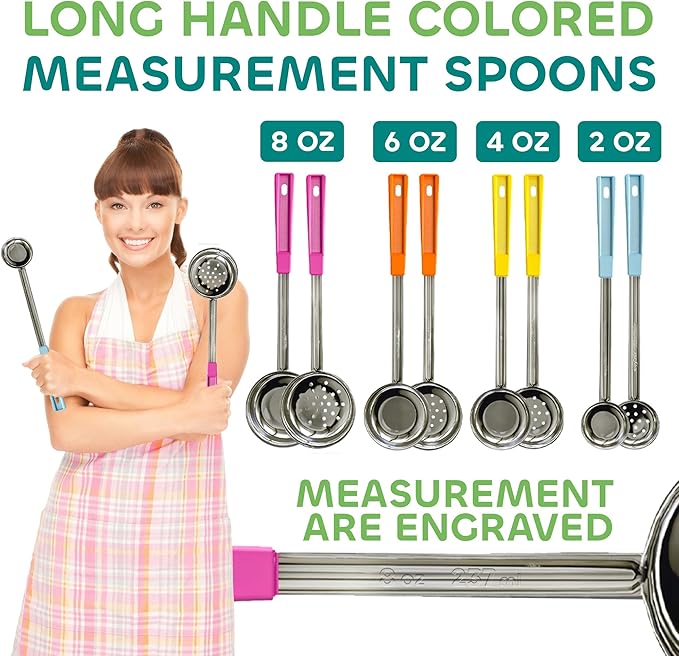 Portion Control Serving Spoons - (8 Piece Set) Restaurant Measuring Serving Ladle Utensils for Weight Loss, Bariatric Gastric Sleeve, Includes 2, 4, 6, 8 oz Solid & Perforated Scoops, 14-1/4" Long - Image 4