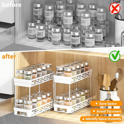 Pull Out Spice Rack Organizer for Cabinet, 3 Packs Slide Out Spice Racks Organizer, Spice Cabinet Organizers, Cabinet Size Need:12'' Highx11'' Deepx5'' Wide,Each Tier Hold 10 Spice Jar - 2 Tier, White - Image 6