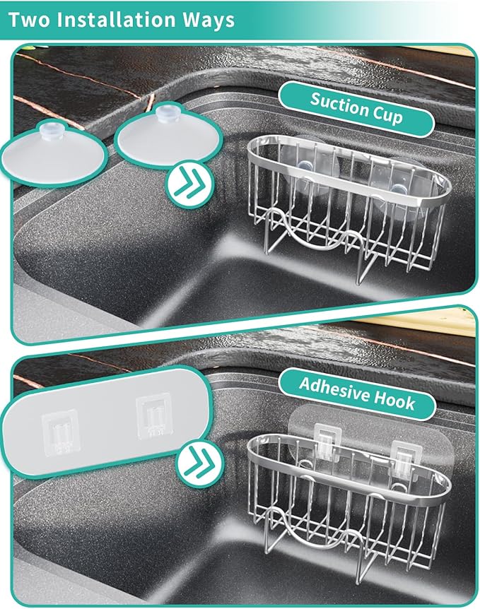 HapiRm Kitchen Sponge Holder for Sink - 2 Installation Methods Kitchen Sink Caddy Organizer with Unique M-Shaped, Rustproof Stainless Steel Sponge Caddy - Silver (Large) - Image 3