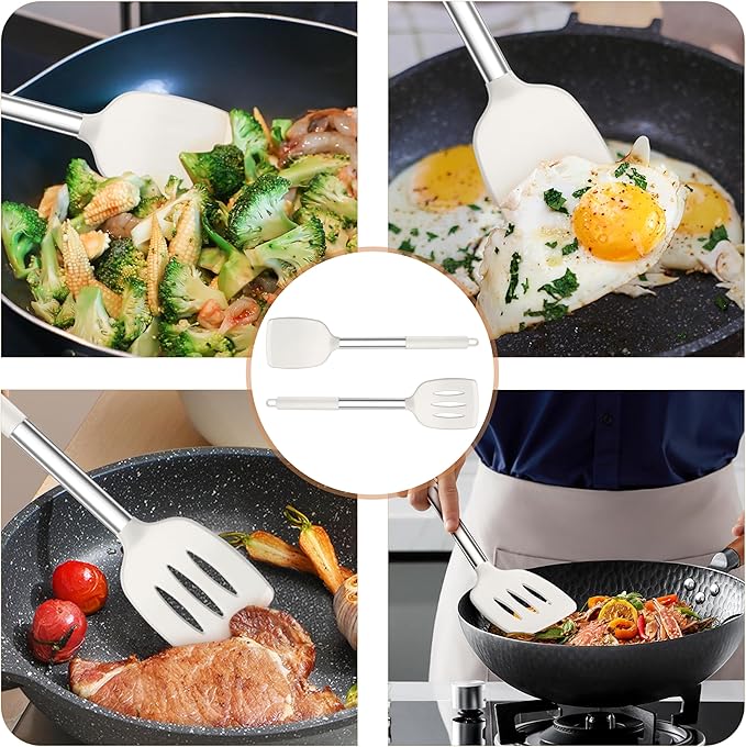 TeamFar Kitchen Utensils, 4 PCS Silicone Cooking Utensils with Stainless Steel Handle, for Nonstick Cookware Frying/Flipping/Draining, Non-toxic & Heat-proof, Non-scratch & Dishwasher Safe - Image 5