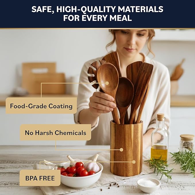 Home Hero Wooden Utensil Set 11 Pcs – Natural Teak Wooden Kitchen Utensils Set with Sturdy, Easy-to-Clean Wooden Spoons for Cooking – Non-Scratch Teak Cooking Utensils (11 pcs) - Image 5
