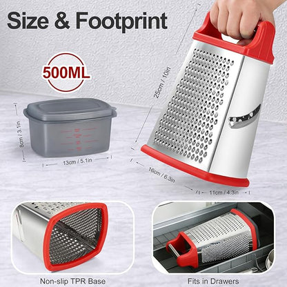 Ourokhome Cheese Grater with Handle, Stainless Steel Box Grater, 4 Side Kitchen Vegetable Shredder Slicer Zester with Container for Parmesan, Cabbage, Ginger, Lemon, Chocolate, Coconut (Red) - Image 3