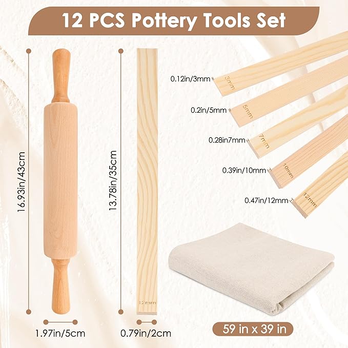 12 Pcs Pottery Tools Set, Include17in Slab Roller for Clay Pottery and 10 Pcs 5 Size Wooden Rolling Pin Guides, 1 Linen Tablecloth for Ceramic Clay Making - Image 2