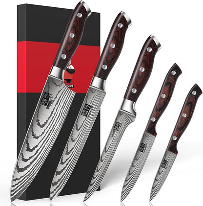 SHAN ZU Japanese Chef Knife Set 5 PCS, High Carbon Stainless Steel Ultra Sharp Kitchen Knives for cooking, Professional Chef Knife Set with Ergonomic Pakkawood Handle by SHANZU