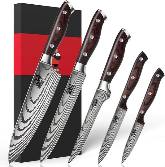 SHAN ZU Japanese Chef Knife Set 5 PCS, High Carbon Stainless Steel Ultra Sharp Kitchen Knives for cooking, Professional Chef Knife Set with Ergonomic Pakkawood Handle by SHANZU
