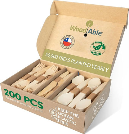 Disposable Wooden Cutlery Set - 100% Home Compostable - 200 Mix (80 Forks, 80 Spoons and 40 Knives) 6.5", Bamboo Utensils Alternative, Eco-Friendly, Organic, Sustainable and Carbon Neutral Certified by WoodAble