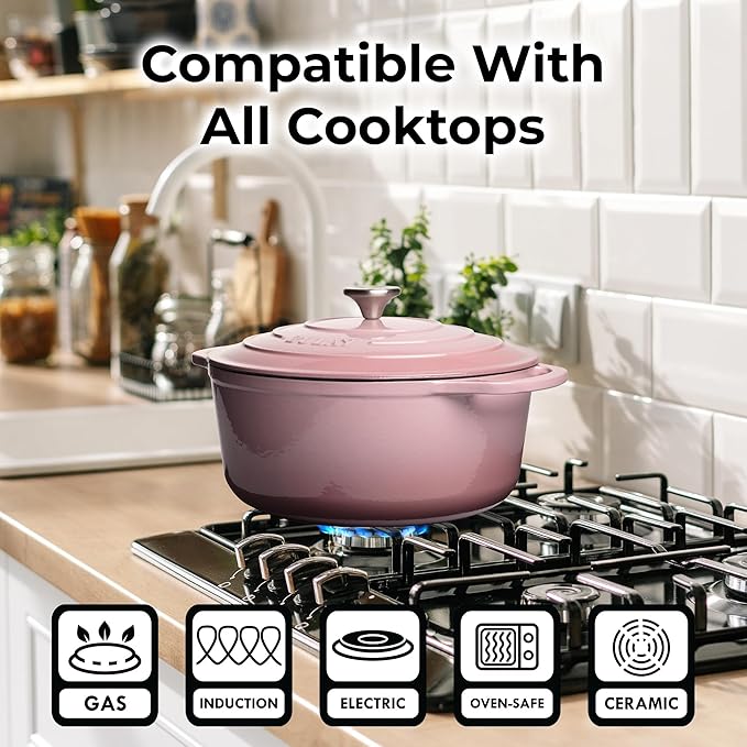 Zulay Kitchen 6 Quart Enameled Cast Iron Dutch Oven Pot with Lid – Premium Durability & Oven Safe up to 500°F – Heavy Duty Cookware Perfect for Bread Baking, Stews, Braising & Roasting - Pink - Image 6