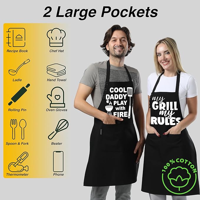 TOSHE Funny Apron Waterdrop Resistant Cotton Apron with adjustable Aprons for Women with Pockets 12 Color option Cooking (Black - Cool Daddy Play with Fire) - Image 2