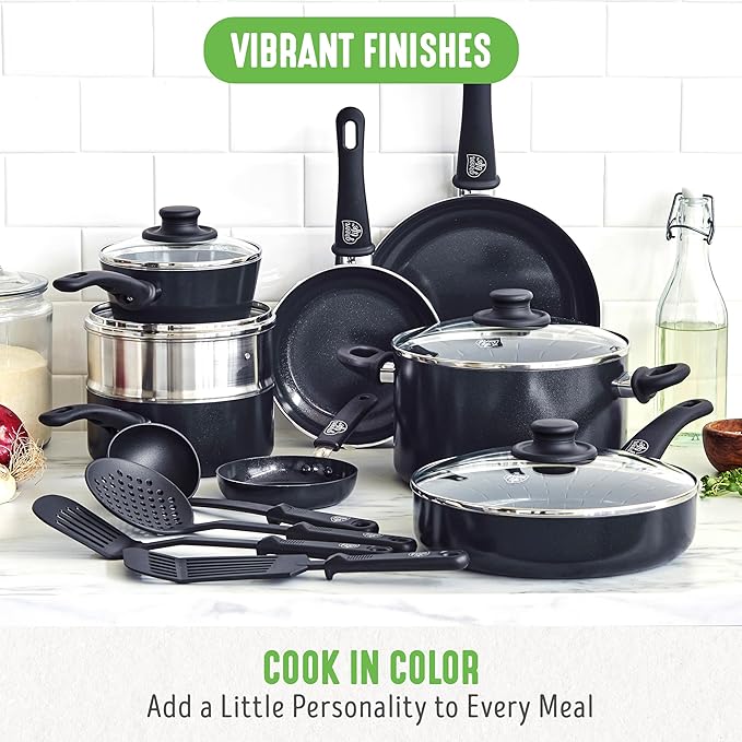 GreenLife 16 Piece Nonstick Cookware Set, Soft Grip Non-Toxic PFAS-Free Ceramic Pots & Pans, Dishwasher & Oven Safe, Frying, Sauce, Saute, Utensils, Glass Lids, Stay-Cool Handles, Wobble Free, Black - Image 5