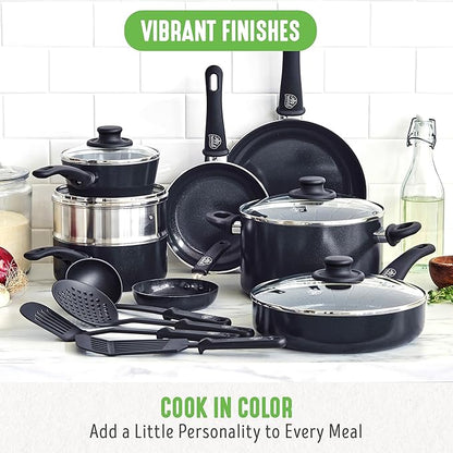 GreenLife 16 Piece Nonstick Cookware Set, Soft Grip Non-Toxic PFAS-Free Ceramic Pots & Pans, Dishwasher & Oven Safe, Frying, Sauce, Saute, Utensils, Glass Lids, Stay-Cool Handles, Wobble Free, Black - Image 5