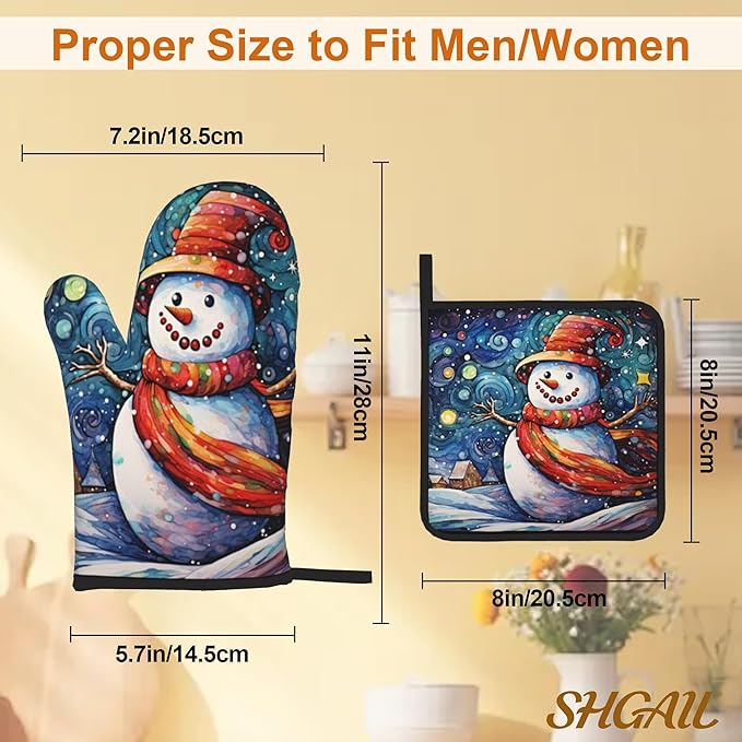 Winter Snowman Oven Mitts & Potholder Set of 4 - Heat Resistant Kitchen Gloves Hot Pads for Baking, Cooking, Gifts for Women