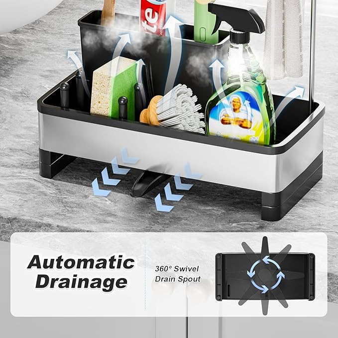 Ewaiira Stainless Steel Sink Caddy, Sponge Holder for Kitchen Sink with Brush Holder & Dishcloth Rack, Rustproof Sink Organizer Countertop, Kitchen Organizers Storage Essentials (D-Black 9.8″) - Image 4