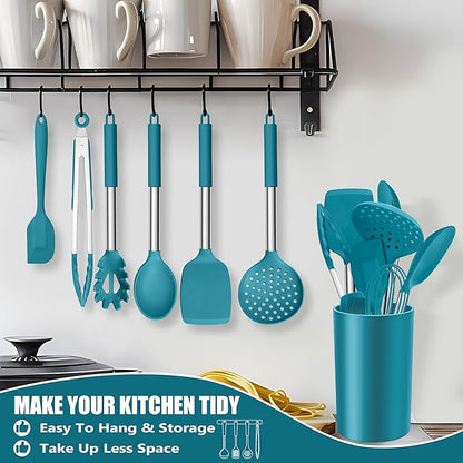 E-far 14 Pieces Silicone Cooking Utensils Set, Kitchen Utensils Set with Holder, Spatula, Ladle, Spoon, Tong, Slotted Turner for Nonstick Cookware, 446°F Heat Resistant & Stainless Steel Handle, Blue - Image 8