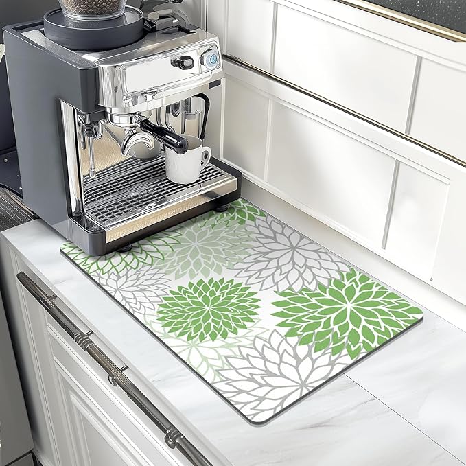 Findosom 2PCS 12" x 20" Dish Drying Mat & 24" x 5.5" Sink Splash Guard, Super Absorbent & Cuttable Dish Mat Drying Kitchen Mat with Green Floral, Hide Stain Drying Mat for Kitchen Counter - Image 8