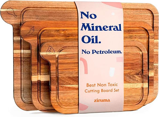 Non Toxic Cutting Boards - Cutting Board Set Free of Mineral Oil, Made of FSC Acacia Wood - Cutting Boards for Kitchen - Includes 3 Chopping Boards. By Ziruma by Ziruma