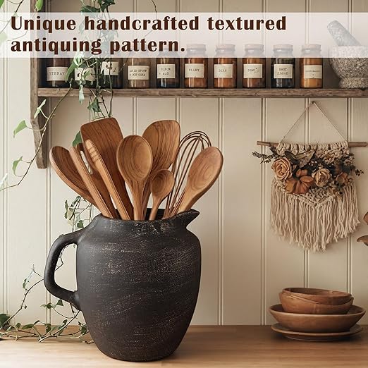 Potchen Rustic Kitchen Utensil Holder with Handle,7.48" H Ceramic Vintage Utensil Crock for Countertop, Farmhouse Kitchen Decoration Ceramic Pot for Spatulas Spoons Tongs(Novelty,Antique Black Gold) - Image 4