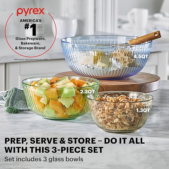 Pyrex Colors Tinted (3-Pack, Full Set) Sculpted Tinted Glass Mixing Bowls With Plastic Lids, Nesting Space Saving Set of Bowls For Prepping and Baking, 1.3QT, 2.3QT & 4.5QT - Image 2