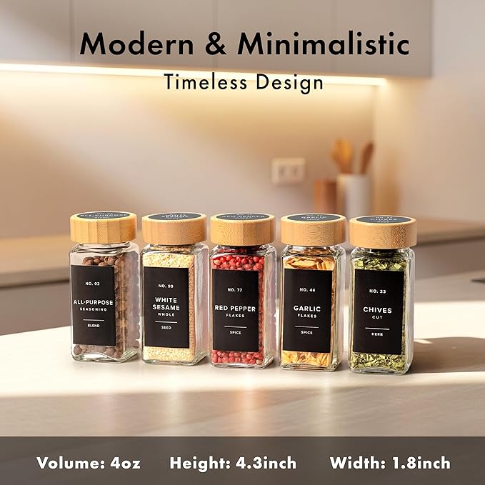 EDELHAUS® Square Spice Jars with Bamboo Wooden Lid (Pack of 36) Spice Jars with Shaker Insert and 240 Labels - Bamboo Lid Glass Container for Spice Organisation [4.3 in × 1.8 in] - Image 2