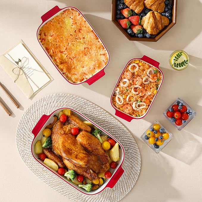 MALACASA Casserole Dishes for Oven, Ceramic Baking Dishes Set of 3, Rectangular Lasagna Pan Deep Baking Pans, Bakeware Sets with Handles Gift Set, White with Red Trim (13.8''/11.7''/9.4''), Series BAKE - Image 6