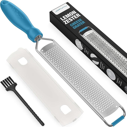 Zester Grater, Lemon Zester Grater with Handle, Premium Stainless Steel Citrus Zester for Parmesan, Garlic, Chocolate, Ginger, Non-Slip Grip, Safety Cover & Cleaning Brush, Blue
