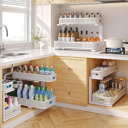 2 Pack 21.3IN-Depth Under Sink Organizer with Smooth Cylindrical Rail,2-Tier Pull Out Multi-Purpose Cabinet Storage for Bathroom&Kitchen,Height Adjustable,Rust-Resistant Coating-White