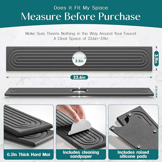 Faucet Splash Guard for Kitchen Sink, Kitchen Sink Faucet Mat with Raised Feet, Durable Drying Matt Kitchen Counter Stone, Water Absorbent Diatomite Drying Mat (Dark Grey, 23.6" x 3.9") - Image 2