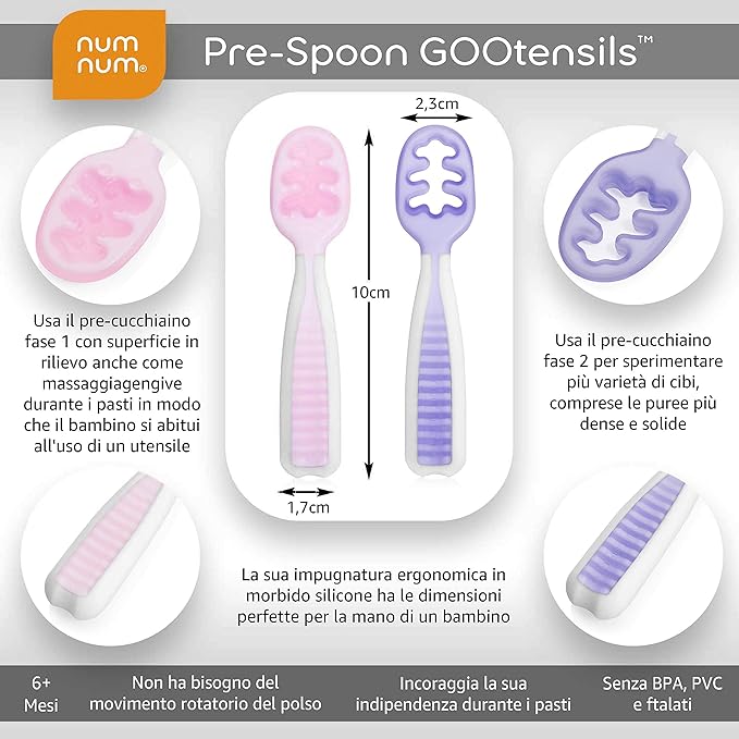 NumNum Baby Spoons Set, Baby Essentials Pre-Spoon GOOtensils for 6+ Months, First Stage Self-Feeding Spoons for Baby Led Weaning (BLW), Silicone Toddler Utensils, BPA-Free, 2 Pack Frosty Lilac/Rosebud - Image 3