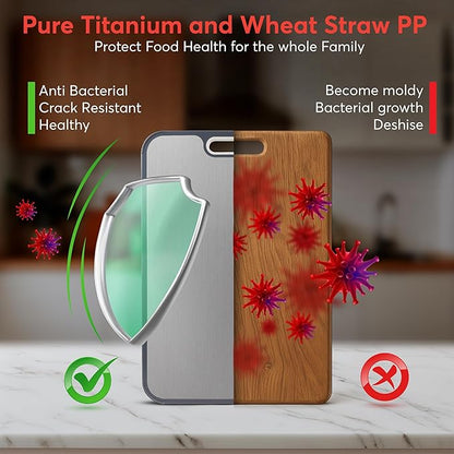 3 in 1 Titanium Cutting Board for Kitchen – Large 16”×11” Double-Sided Food Grade Cutting Board - Pure Titanium and Wheat Straw PP, Non-Slip Base, Built-in Juice Groove & Grinder, Easy to Clean
