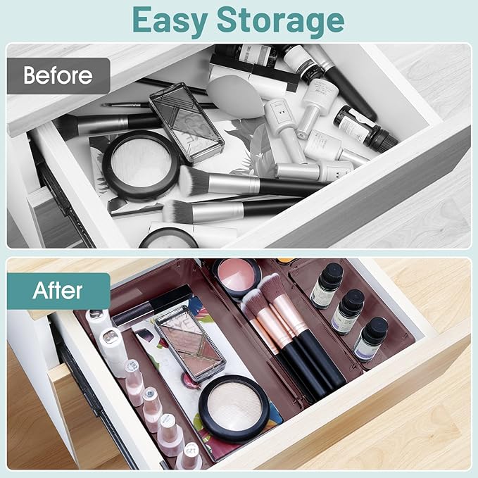 WOWBOX 25 PCS Plastic Drawer Organizer Set, 4 Sizes Desk Drawer Divider Organizers and Storage Bins for Makeup, Jewelry, Gadgets for Kitchen, Bedroom, Bathroom, Office, Clear Brown - Image 4