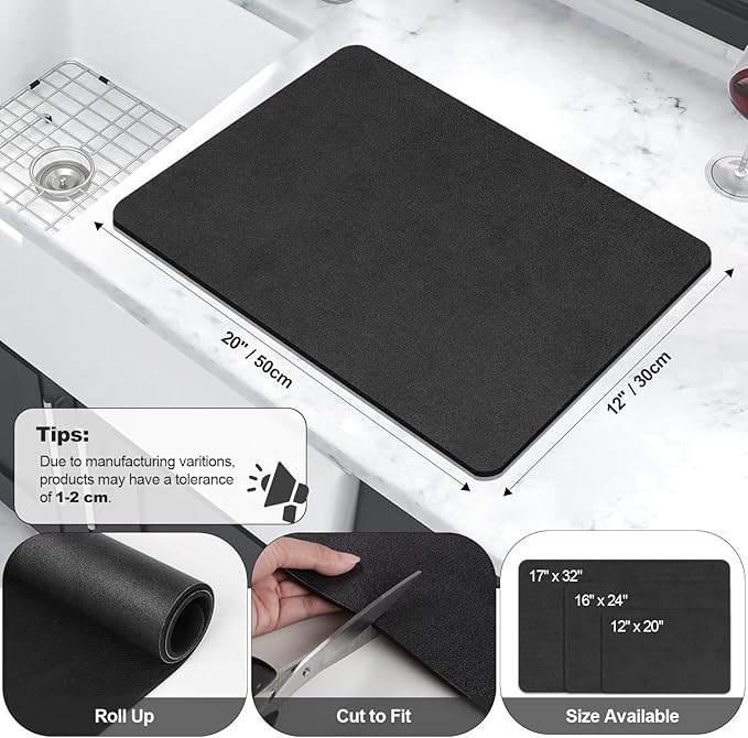 Findosom Dish Drying Mat, 12"x 20" Super Absorbent & Hide Stain Coffee Mat, Cuttable Drying Mat for Kitchen Counter, Coffee Bar Accessories, Under Dish Rack, Coffee Maker, Espresso Machine, Black-2 - Image 2